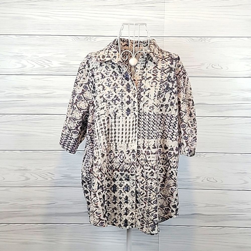 Cafe Marrakesh button-down shirt abstract print - grey & tan Women's Size XL